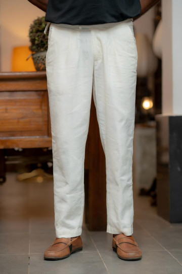Pure White Pleated Linen Gurkha Trousers